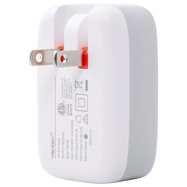 Ventev 27W Dual USB C and USB A Wall Charger, White - WC27-HD252207