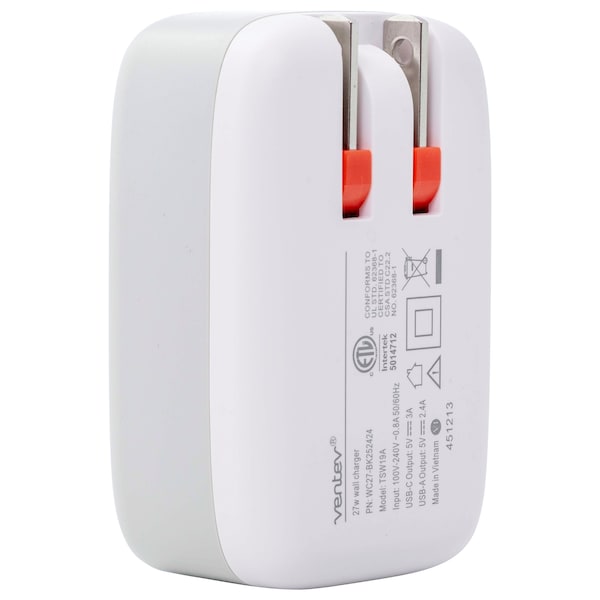 Ventev 27W Dual USB C and USB A Wall Charger, White - WC27-HD252207