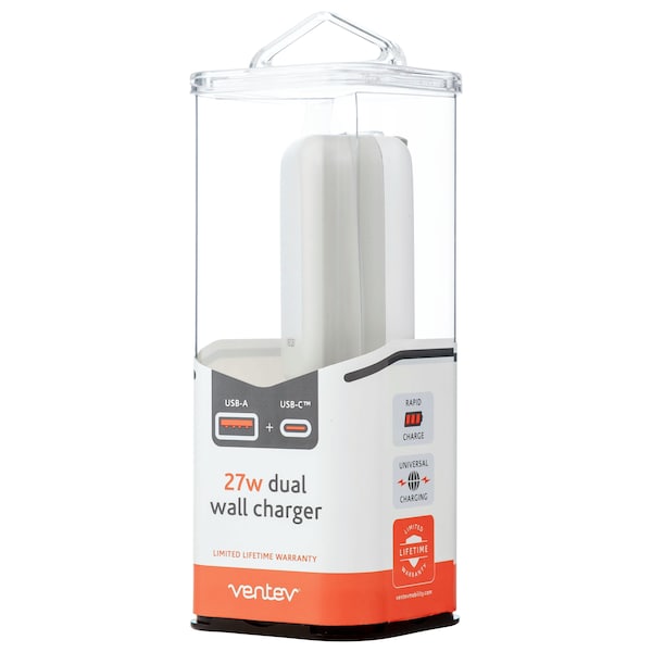 Ventev 27W Dual USB C and USB A Wall Charger, White - WC27-HD252207