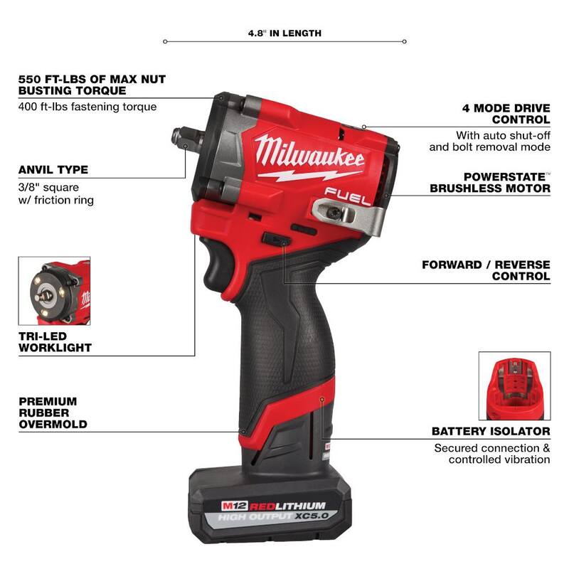 Llave de Impacto Inalámbrica Milwaukee M12 FUEL 12V de 3/8 pulgadas sin Escobillas con Batería M12 CP de Alto Rendimiento de 2.5 Ah - 2562-20-48-11-2425