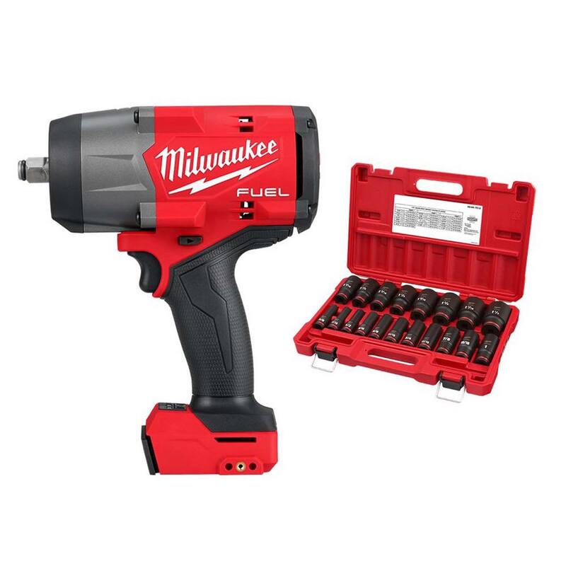 Llave de impacto inalámbrica Milwaukee M18 FUEL 18V de 1/2 pulgadas con anillo de fricción y juego de dados SAE (19 piezas) - 2967-20-49-66-7012