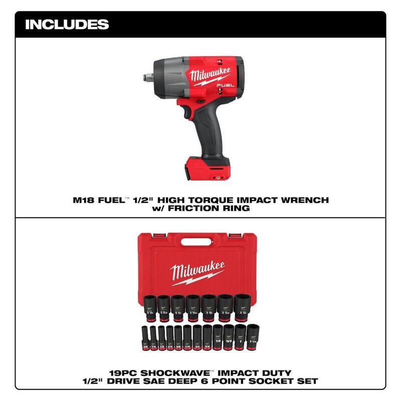 Llave de impacto inalámbrica Milwaukee M18 FUEL 18V de 1/2 pulgadas con anillo de fricción y juego de dados SAE (19 piezas) - 2967-20-49-66-7012