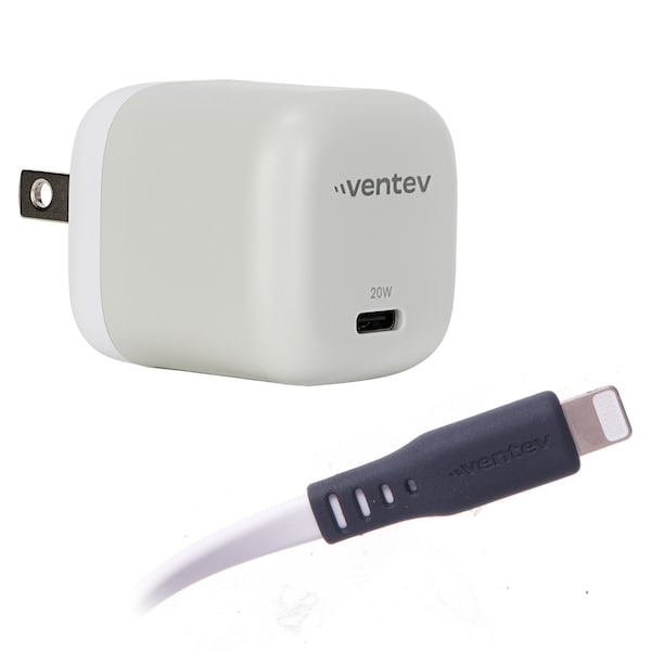 Ventev 20w Pd Usb C Mini Wall Charger And Usb C To Apple Lightning Cable 3.3ft, White - WC20-CL261498