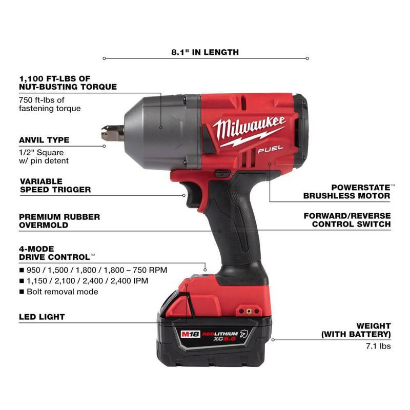 Milwaukee M18 FUEL Llave de Impacto de Alto Torque Inalámbrica de 18V con Cepillo de Iones de Litio de 1/2 pulg. con Kit de Detención P, (3) Baterías Resistentes - 2766-22R-48-11-1850R