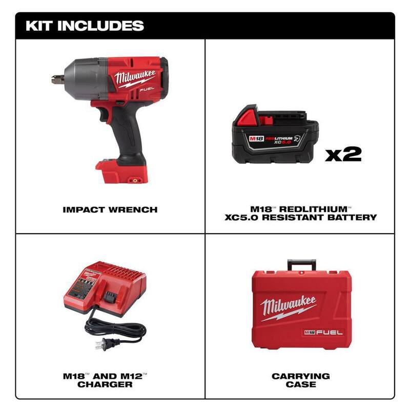 Milwaukee M18 FUEL Llave de Impacto de Alto Torque Inalámbrica de 18V con Cepillo de Iones de Litio de 1/2 pulg. con Kit de Detención P, (3) Baterías Resistentes - 2766-22R-48-11-1850R