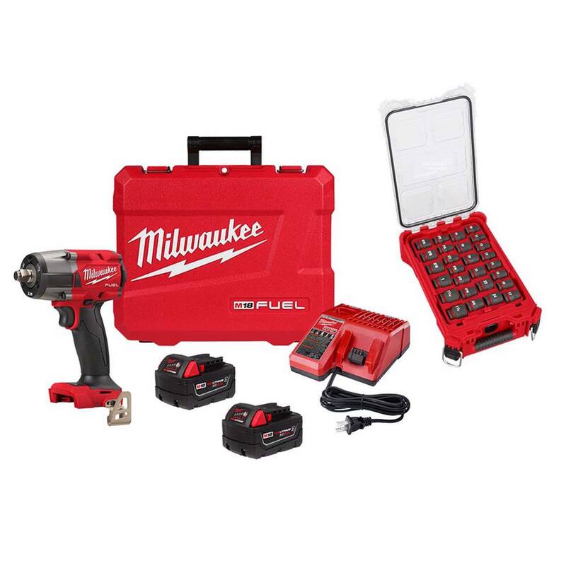 Llave de impacto inalámbrica Milwaukee M18 FUEL de 18V con motor sin escobillas de 1/2 pulg. de tornillo medio de torque con anillo de fricción, kit de juego de llave de impacto e impacto - 2962-22R-49-66-6804