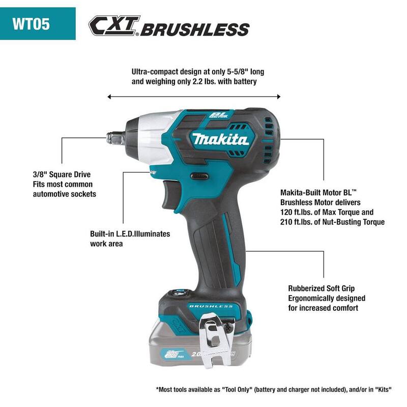 Juego de llave de impacto Makita 12V max CXT de iones de litio sin escobillas inalámbrica de 3/8 in. cuadrado (2.0 Ah) - WT05R1