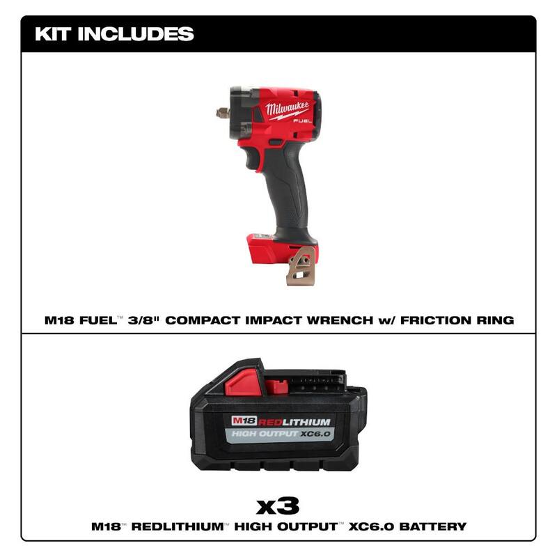 Llave de Impacto Compacta sin Escobillas Milwaukee M18 FUEL de 18V de Ion de Litio Inalámbrica de 3/8 pulg. con (3) Paquete de Batería de Alta Capacidad 6.0Ah - 2854-20-48-11-1865-48-11-1862