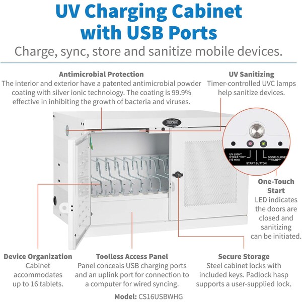 Tripp Lite Charging Station, 18.8 in H, White - CS16USBWHG