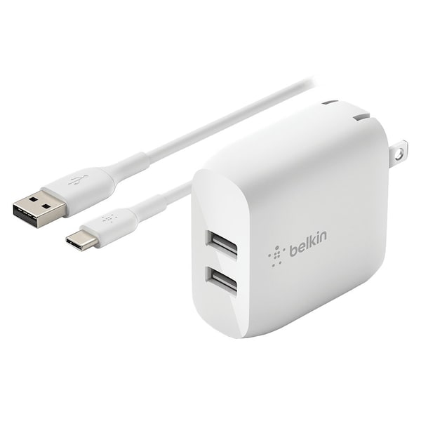 Belkin Dual Port Usb A 24w Wall Charger With Usb A To Usb C Cable 3ft, White - WCE001DQ1MWH