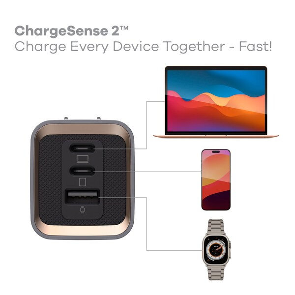 360 Electrical Profile 100W GaN Wall Charger, 2 USB-C ports and 1 USB-A port, Grey - 3E0796-GRY8NA