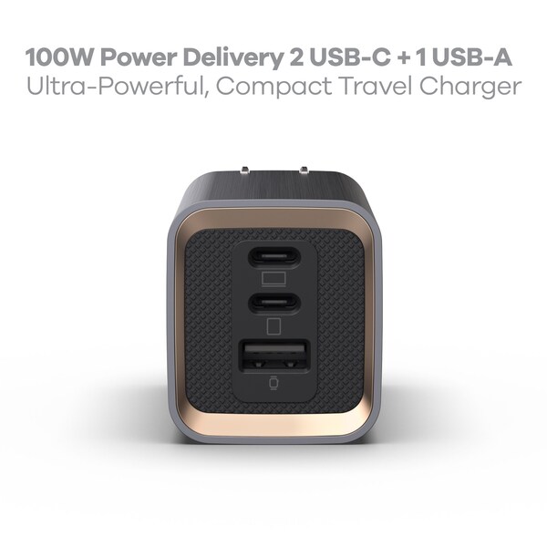 360 Electrical Profile 100W GaN Wall Charger, 2 USB-C ports and 1 USB-A port, Grey - 3E0796-GRY8NA