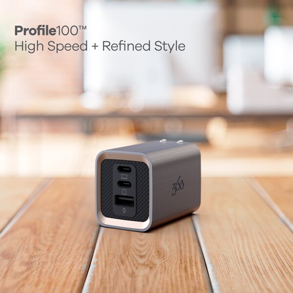 360 Electrical Profile 100W GaN Wall Charger, 2 USB-C ports and 1 USB-A port, Grey - 3E0796-GRY8NA