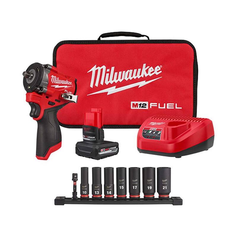 Llave de impacto inalámbrica Milwaukee M12 FUEL 12V Li-Ion Brushless Stubby de 3/8 pulgadas con juego de dados de impacto profundos métricos (8 piezas) - 2562-21-49-66-7021