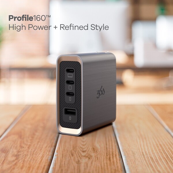 360 Electrical Profile 160W GaN Wall Charger, 3 USB-C ports and 1 USB-A port, Grey - 3E0797-GRY8NA