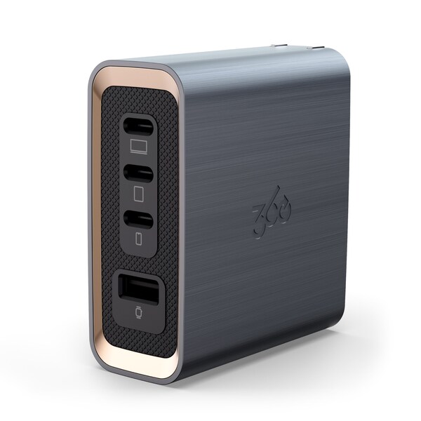 360 Electrical Profile 160W GaN Wall Charger, 3 USB-C ports and 1 USB-A port, Grey - 3E0797-GRY8NA