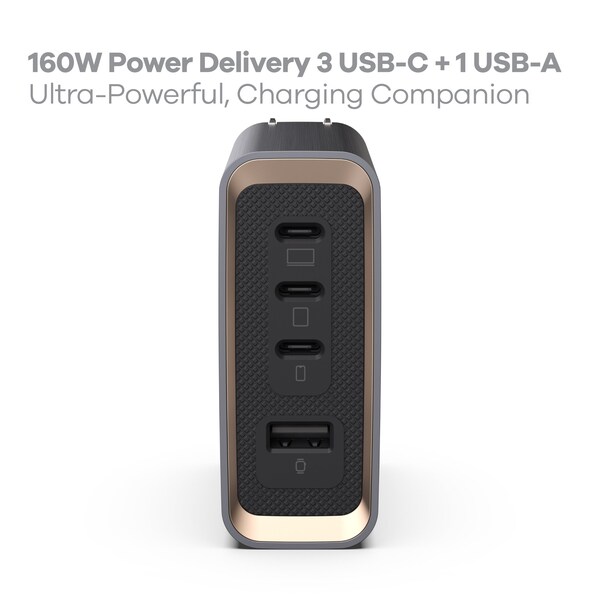 360 Electrical Profile 160W GaN Wall Charger, 3 USB-C ports and 1 USB-A port, Grey - 3E0797-GRY8NA