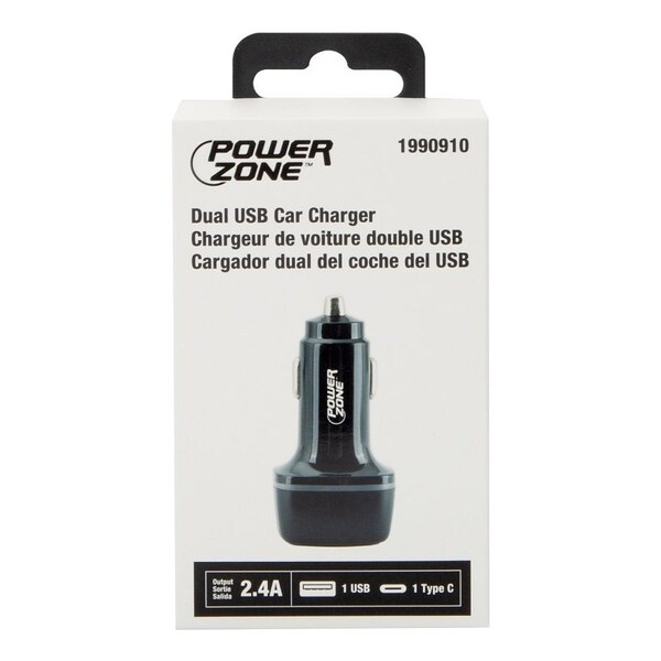 Powerzone Dual USB Car Charger, 12 to 24 V Input, 5 V Output, 2.4 A Charge, Black - U53