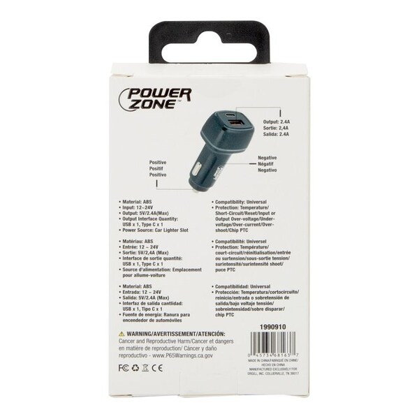 Powerzone Dual USB Car Charger, 12 to 24 V Input, 5 V Output, 2.4 A Charge, Black - U53