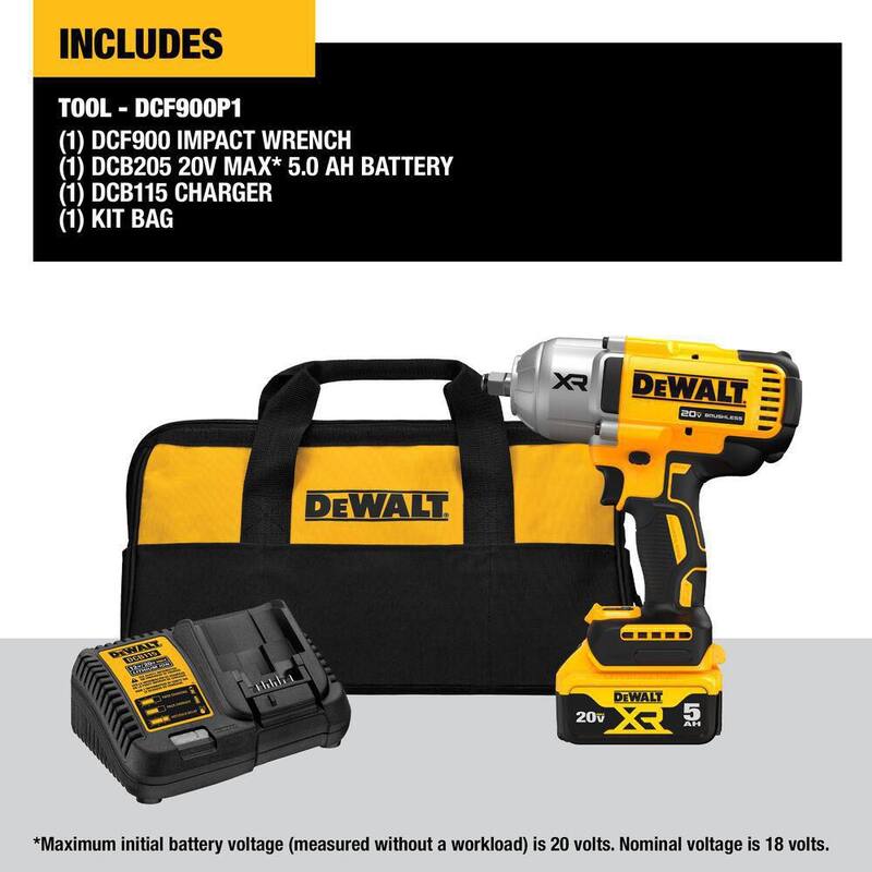 KIT RACHETEADOR DE IMPACTO INALÁMBRICO DE ION DE LITIO DE 20V MAX DEWALT 1/2 pulgada con Batería de Iones de Litio Premium de 20V MAX 5.0Ah - DCF900P1WDCB205