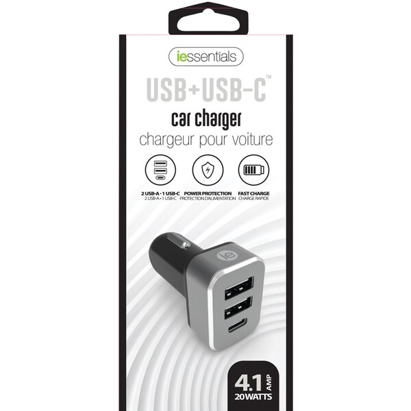 Iessentials Fast Charge 4.1A Car Charger with 2 USB-A and 1 USB-C Ports - IEN-PC42A1C-BK