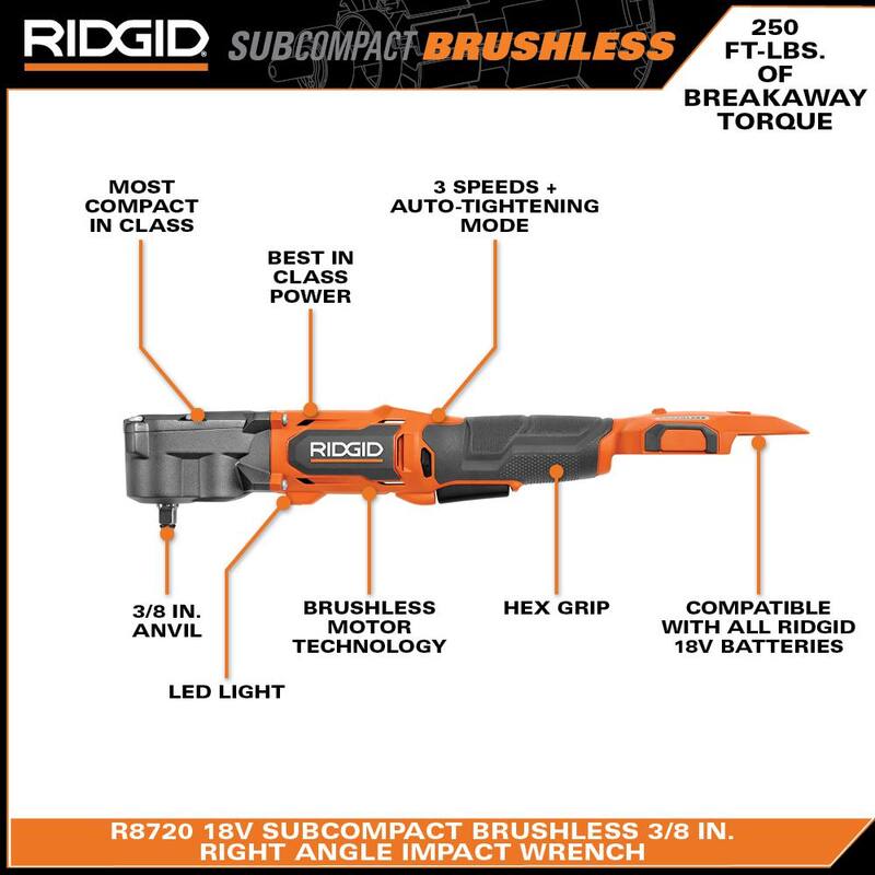 Llave de impacto angular derecha inalámbrica subcompacta sin escobillas RIDGID de 18V con protector (Herramienta solamente) - R8720B-AC13B06