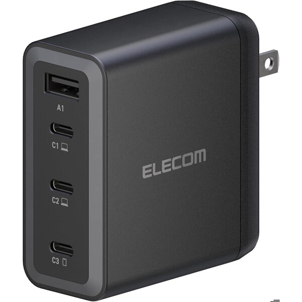 Elecom 150W Smart PD-PPS USB Charger, GaN II Fast Charging, Thermal Protection, TypeC x 3, Type A x 1 - EC-AC67150BK