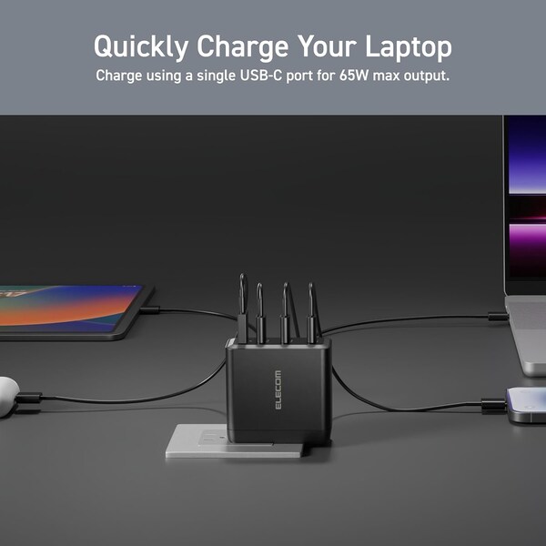 Elecom 150W Smart PD-PPS USB Charger, GaN II Fast Charging, Thermal Protection, TypeC x 3, Type A x 1 - EC-AC67150BK