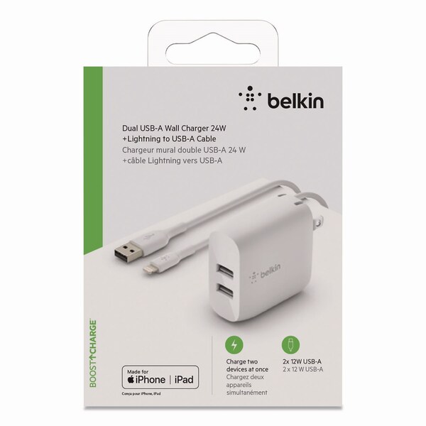 Belkin BOOST CHARGE Dual USB-A Wall Charger + Lightning to USB-A Cable, White - WCD001DQ1MWH