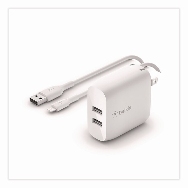 Belkin BOOST CHARGE Dual USB-A Wall Charger + Lightning to USB-A Cable, White - WCD001DQ1MWH