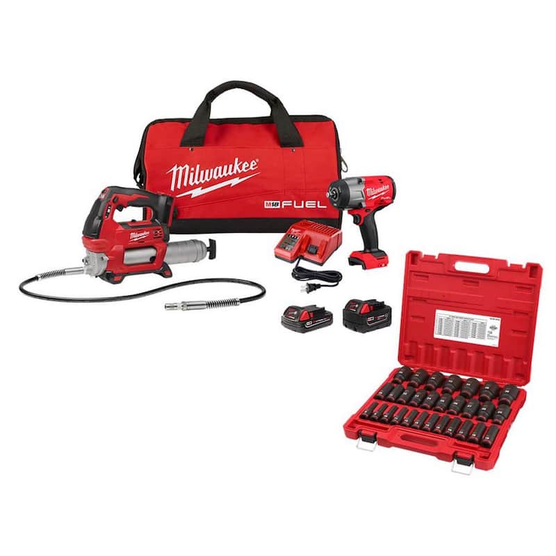 Kit de combinación de llave de impacto y pistola de grasa sin escobillas de ion de litio de alto torque de 1/2 pulgadas Milwaukee M18 FUEL 18V y juego de llaves - 2967-22GG-49-66-7015