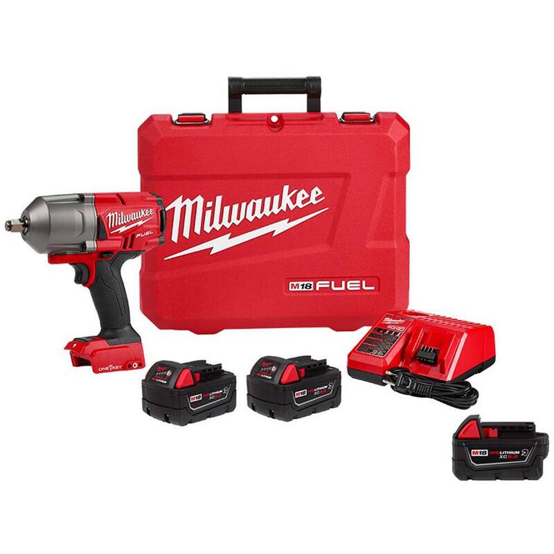 Milwaukee M18 FUEL ONE-KEY Llave de impacto inalámbrica sin escobillas de iones de litio de 18 voltios y 1/2 pulgadas de alto torque con anillo F, (3) baterías resistentes - 2863-22R-48-11-1850R