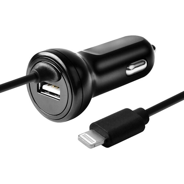 Zenith Lightning Fixed Car Charger, 12 to 24 VDC Input, 5 V Output, 3 ft L Cord, Black - PM1024FC8