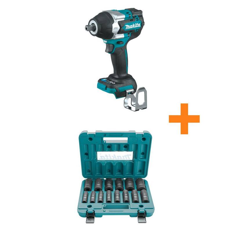 Llave de impacto inalámbrica sin escobillas Makita 18V LXT de 1/2 pulg. con yunque de retención, solo herramienta con juego de vasos de impacto de 1/2 pulg. - XWT18Z-A-96372