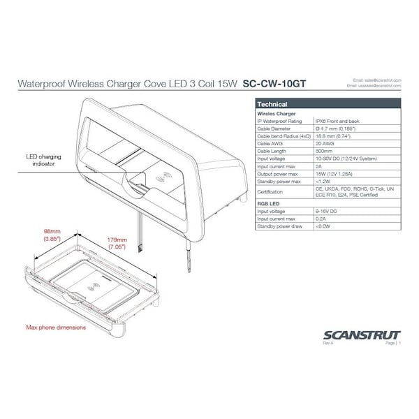 Scanstrut Waterproof Wireless Charger, Cove LED 3 Coil 15W phone charging pocket - SC-CW-10GT