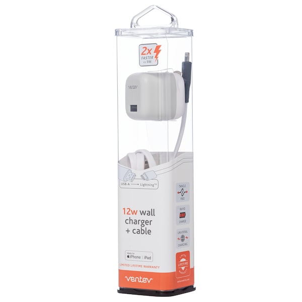 Ventev 12W USB A Wall Charger and USB A to Apple Lightning Cable 3.3ft, White - WC12-AL252160