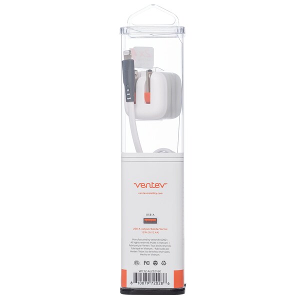Ventev 12W USB A Wall Charger and USB A to Apple Lightning Cable 3.3ft, White - WC12-AL252160
