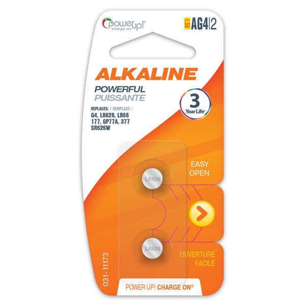 Power Up! Batteries Button Cell Alkaline AG4 1.5v, PK 2 - 031-11173