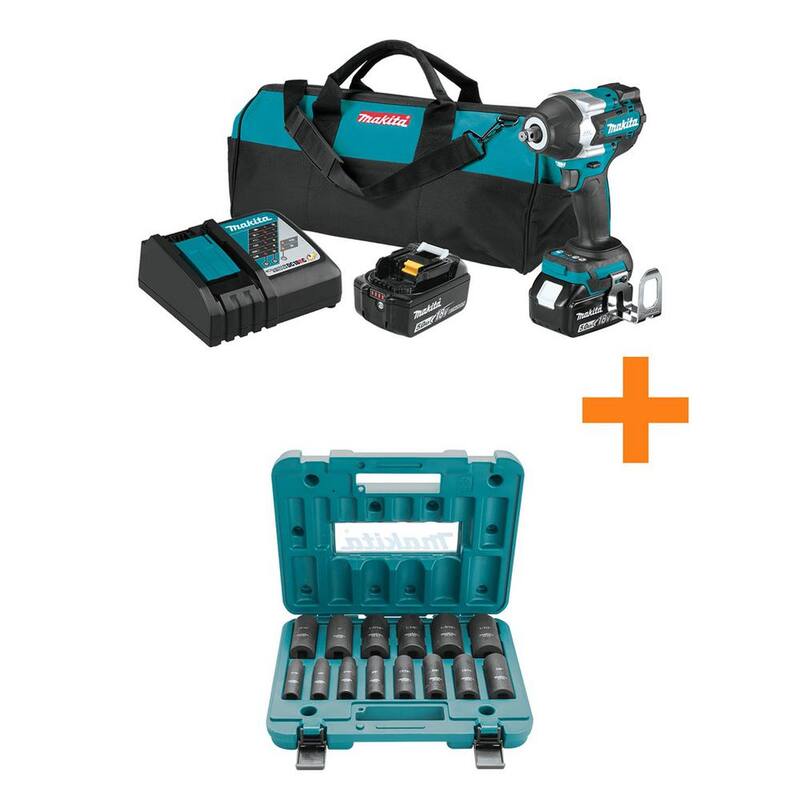 Juego de llave de impacto sin escobillas inalámbrica Makita 18V LXT de 1/2 pulg. con anillo de fricción y yunque de 5.0Ah con juego de dados de impacto de 1/2 pulg. - XWT17T-A-96372