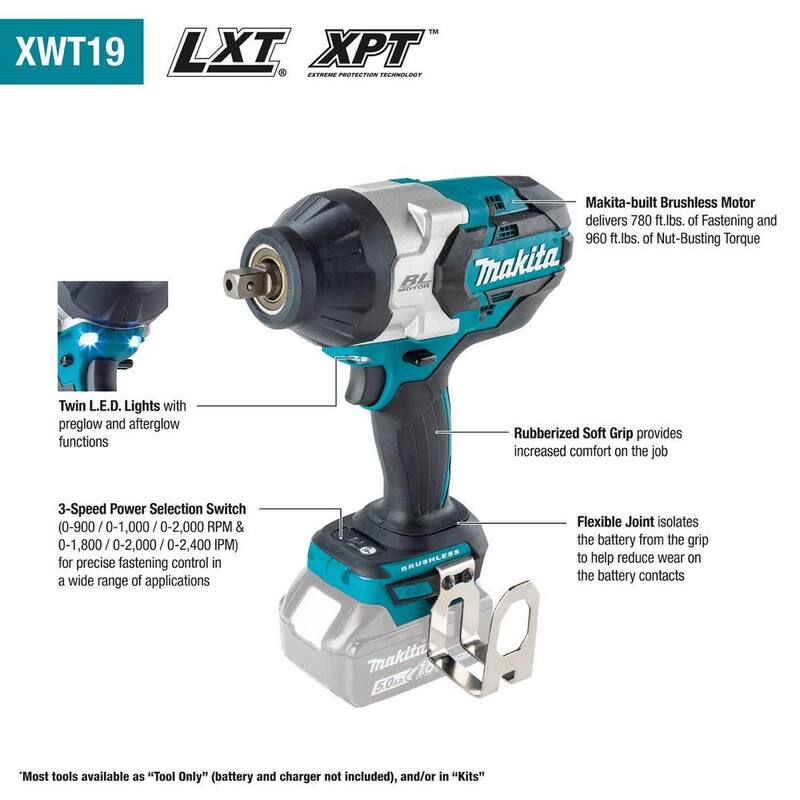 Llave de impacto inalámbrica Makita de 18 voltios con motor sin escobillas de iones de litio LXT de 3 velocidades y 1/2 pulgadas con yunque de detención (solo herramienta) - XWT19Z