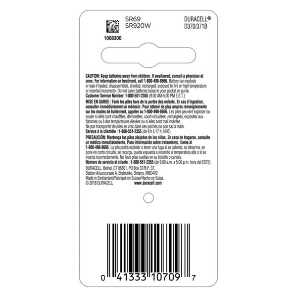 Duracell Duracell Silver Oxide 370/371 1.5 V 40 mAh Button Cell Battery 1 pk - D370/371BPK