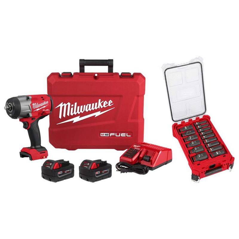 Llave de impacto inalámbrica Milwaukee M18 FUEL 18V de iones de litio sin escobillas de alto torque de 1/2 pulgada con anillo de fricción, kit de juego de enchufes de impacto - 2967-22-49-66-6802