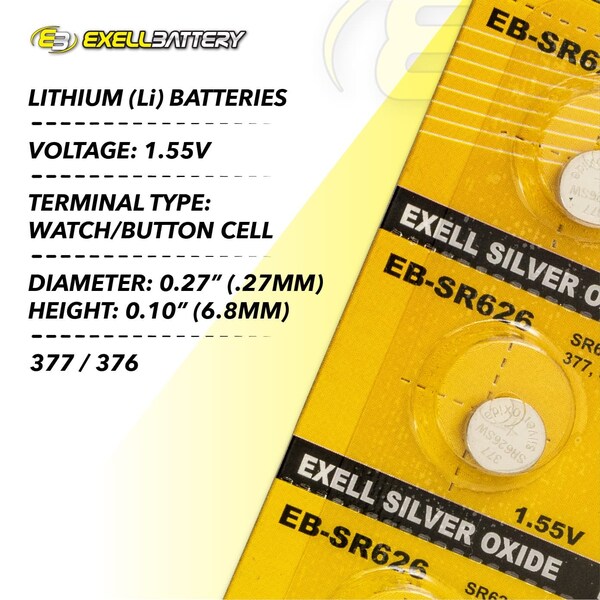 Exell Battery 10pk Exell Silver Oxide 1.55V Watch Battery Replaces SR66 377 - EB-SR626