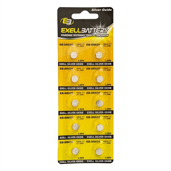Exell Battery 10pk Exell Silver Oxide 1.55V Watch Battery Replaces SR66 377 - EB-SR626