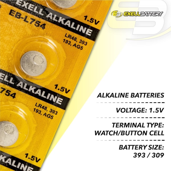 Exell Battery 10pk Exell Alkaline 1.5V Watch Battery Replaces AG5 393 LR48 - EB-L754