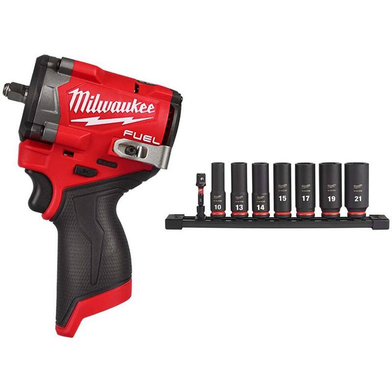 Llave de Impacto Inalámbrica sin Escobillas Milwaukee M12 FUEL de 12V con Cabezal Compacto de 3/8 pulg. con Set de Dados Métricos SHOCKWAVE de 3/8 pulg. (8 piezas) - 2562-20-49-66-7021
