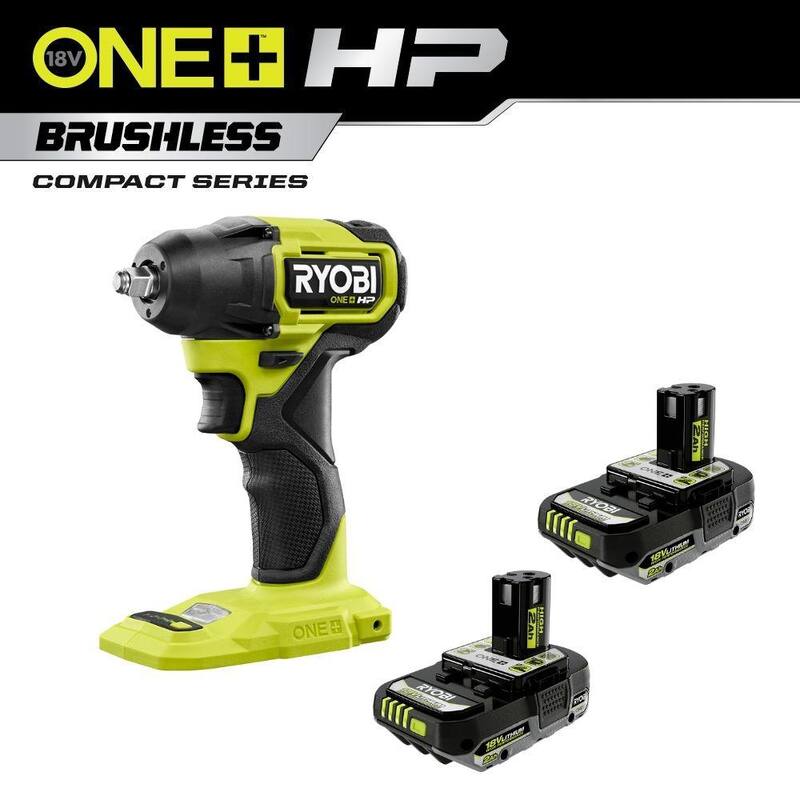 Llave de impacto compacta inalámbrica sin escobillas de 3/8 pulg. RYOBI ONE+ HP 18V con (2) baterías de alto rendimiento de 2.0 Ah - PSBIW01B-PBP2003