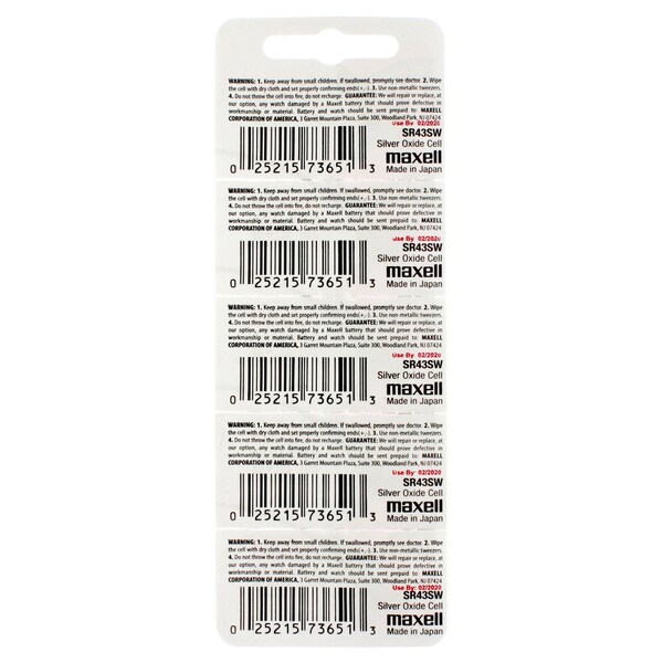 Maxell Silver Oxide SR43SW High Drain Watch Battery Replace 301/386, 21132SO, PK 5 - SR43SW