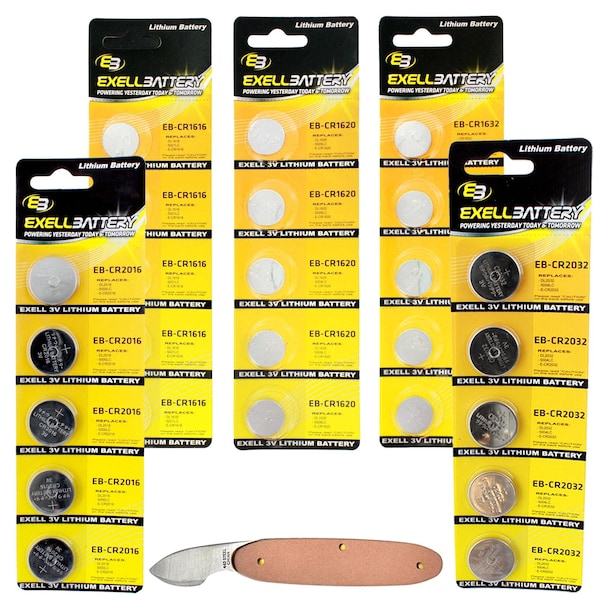 Exell Battery 26pc Essential Batteries Kit CR1616 CR1620 CR1632 CR2032 CR2016 & Watch Opener - EB-KIT-120