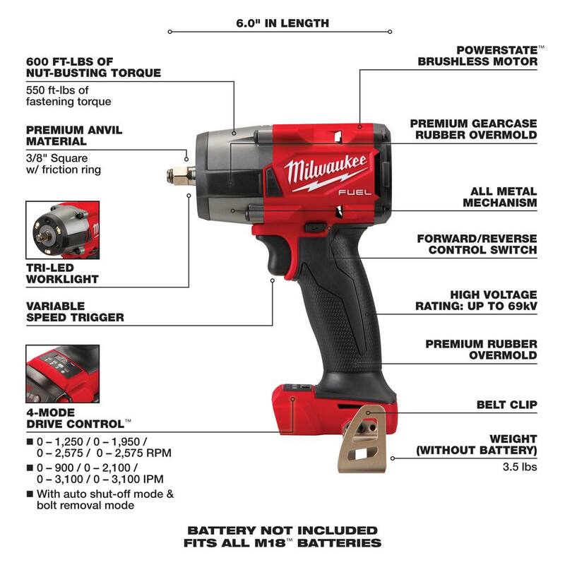 Milwaukee M18 FUEL GEN-2 18V Llave de impacto inalámbrica de iones de litio de medio torque sin escobillas de 3/8 pulg. Anillo de fricción con kit de inicio de 8.0Ah - 2960-20-48-59-1880
